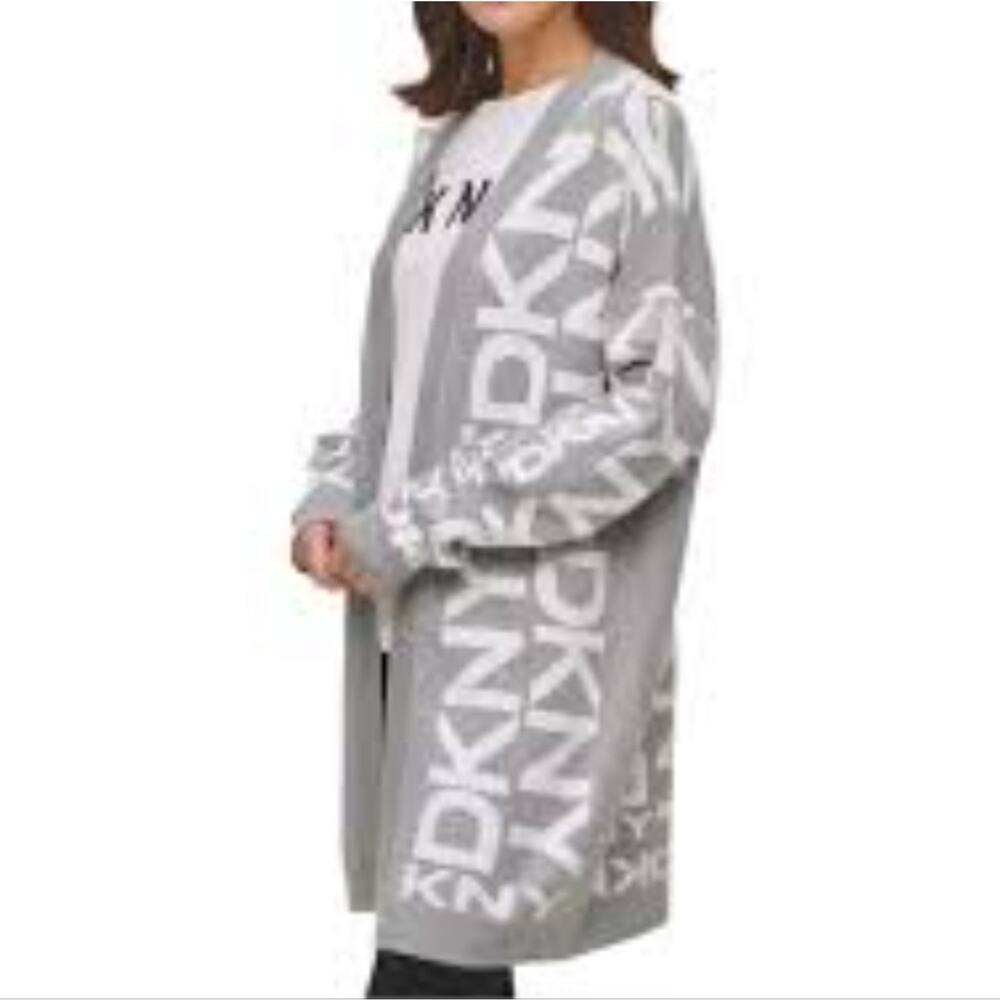 DKNY Gray and White Logo Open-Front Cardigan